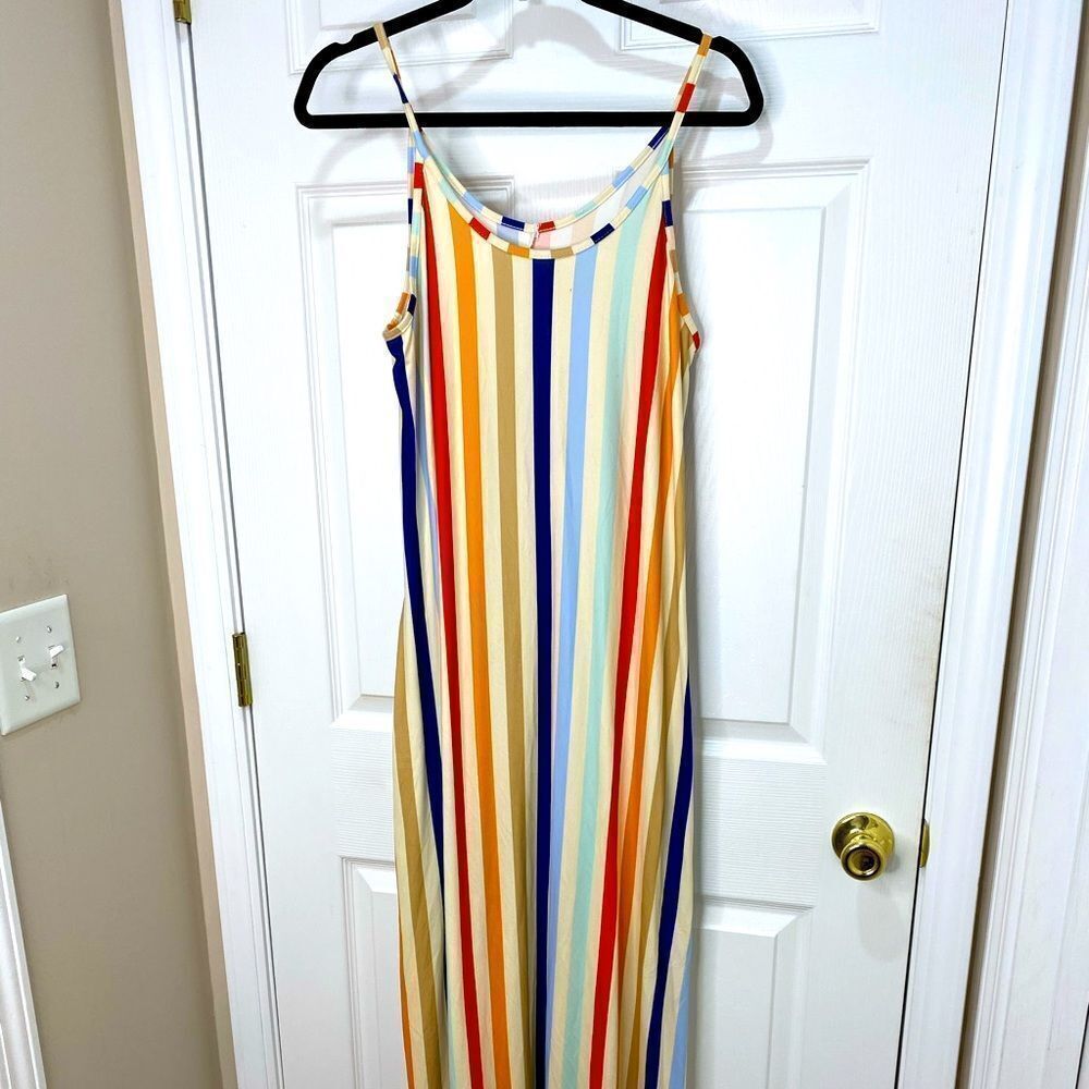 Rainbow print tank maxi summer sundress with removable sash belt, size large